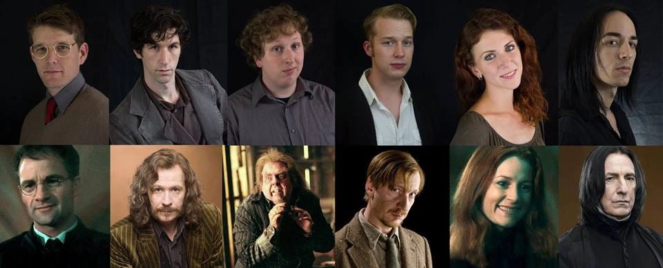 مقایسه بازیگران جوان و بزرگسال شخصیت‌های مروادورها در هری پاتر: جیمز، سیریوس، پیتر، لوپین، لیلی و سوروس اسنیپ