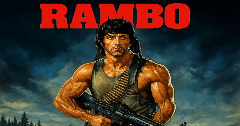پوستر دیجیتال فیلم رمبو با چهره‌ای جوان از جان رمبو، در حال حمل اسلحه سنگین، زمینه‌ای از جنگل و آسمان تاریک و نوشته بزرگ قرمز RAMBO در بالای تصویر
