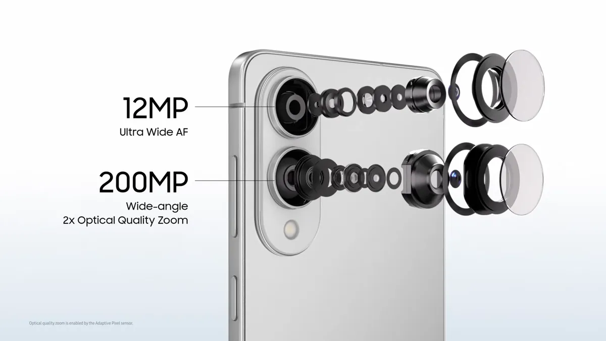 نمای شماتیک لنزهای دوربین گلکسی S25 Edge؛ دوربین اصلی ۲۰۰ مگاپیکسلی با زوم بدون افت کیفیت و دوربین فوق‌عریض ۱۲ مگاپیکسلی با فوکوس خودکار