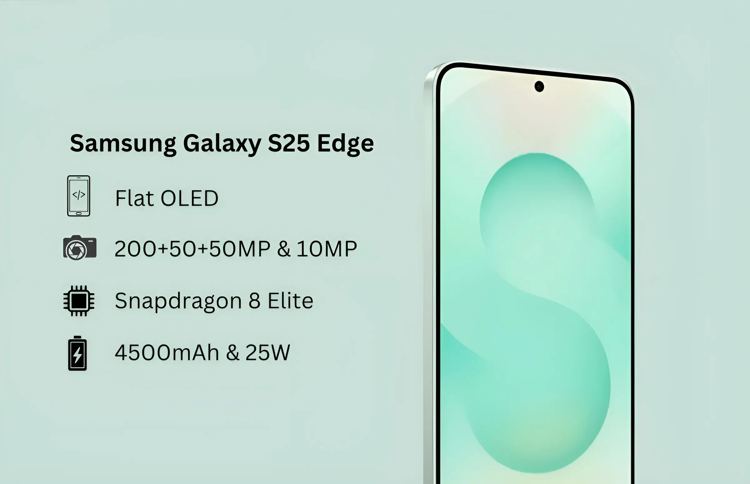 نمای گرافیکی مشخصات گلکسی S25 Edge شامل نمایشگر OLED، پردازنده Snapdragon 8 Elite، دوربین ۲۰۰ مگاپیکسلی و باتری ۴۵۰۰ میلی‌آمپر ساعتی