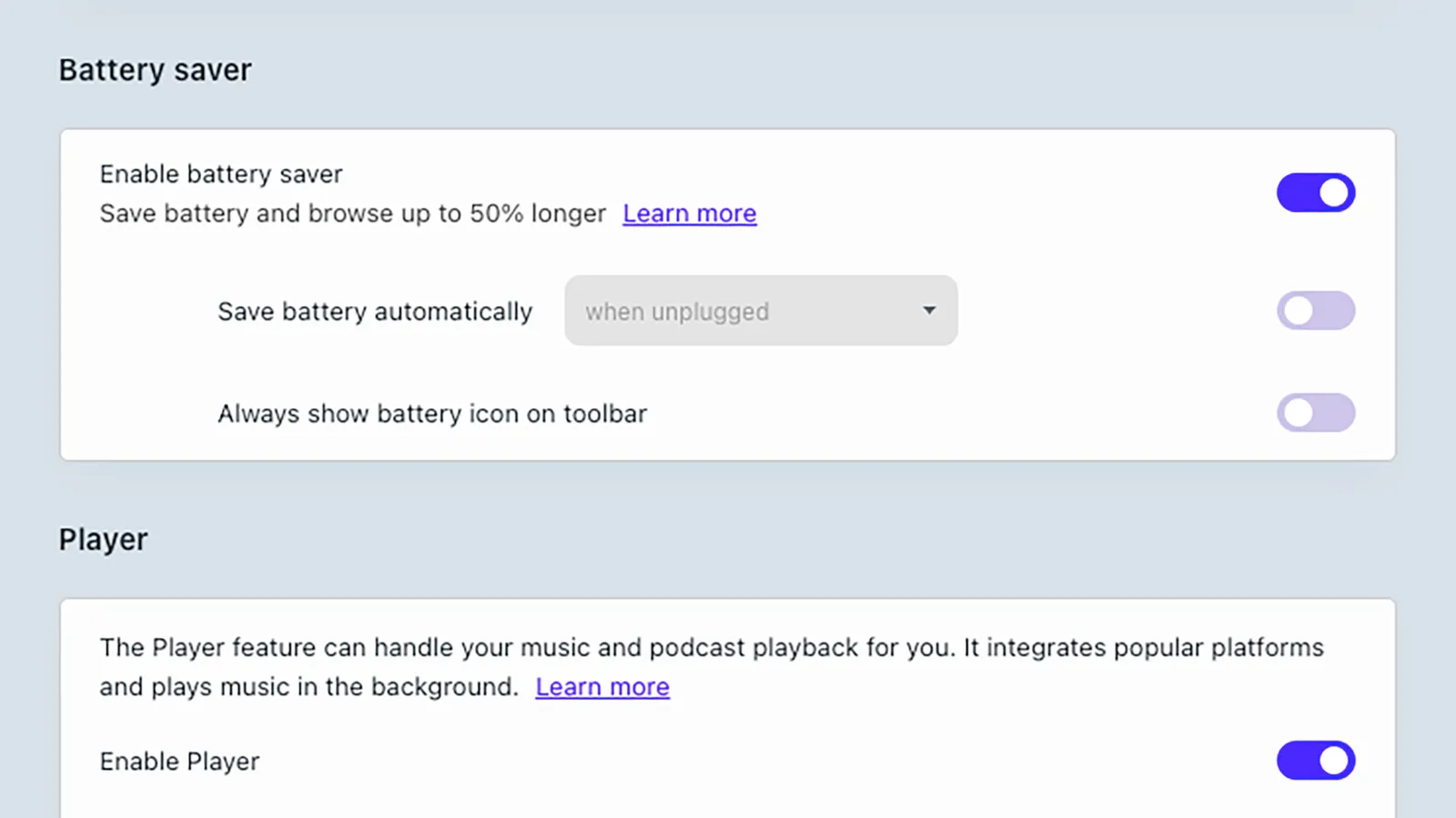 تنظیمات Battery Saver در مرورگر اپرا Opera