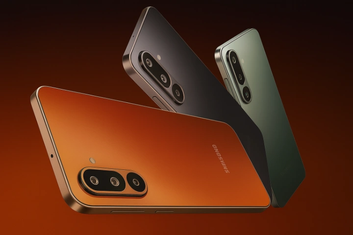 نمای پشتی سه رنگ مختلف از گوشی Samsung Galaxy M36 در پس‌زمینه گرادیان نارنجی-مشکی