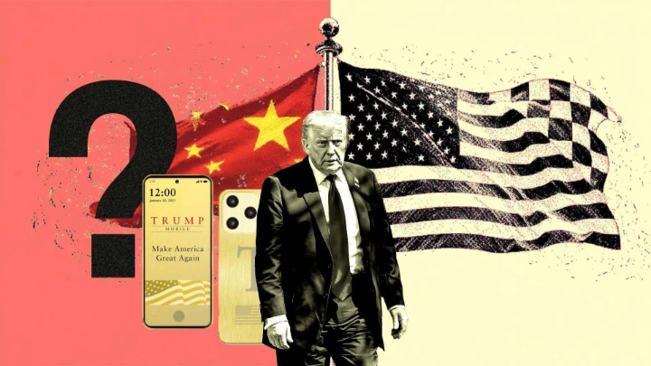 دونالد ترامپ در کنار گوشی Trump Mobile T1، در پس‌زمینه پرچم‌های آمریکا و چین و نماد سؤال درباره محل ساخت
