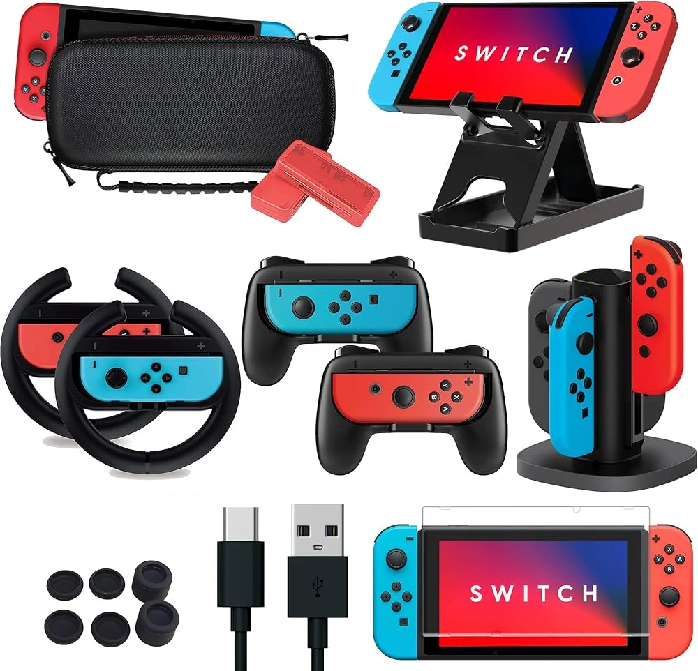 مجموعه کامل لوازم جانبی Nintendo Switch شامل قاب حمل، پایه نگهدارنده، شارژر Joy-Con، گریپ و فرمان بازی، محافظ صفحه و کابل شارژ