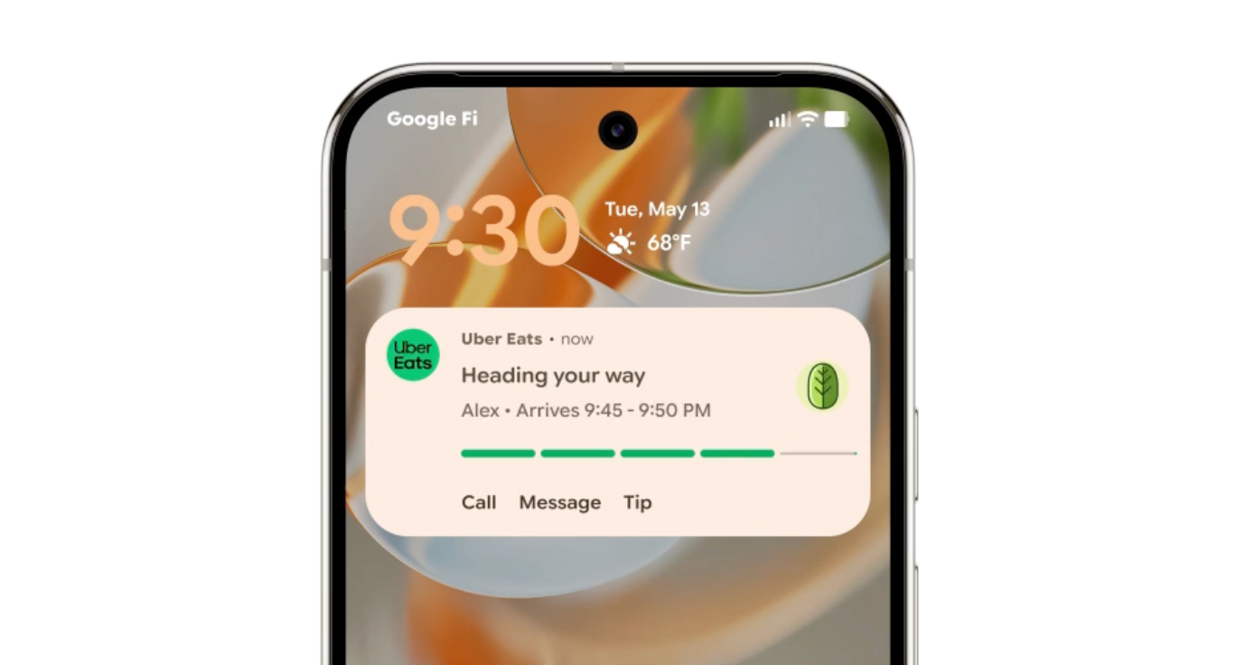 نمایش اعلان زنده Uber Eats در Android 16 با اطلاعات زمان رسیدن، تماس و پیام سریع