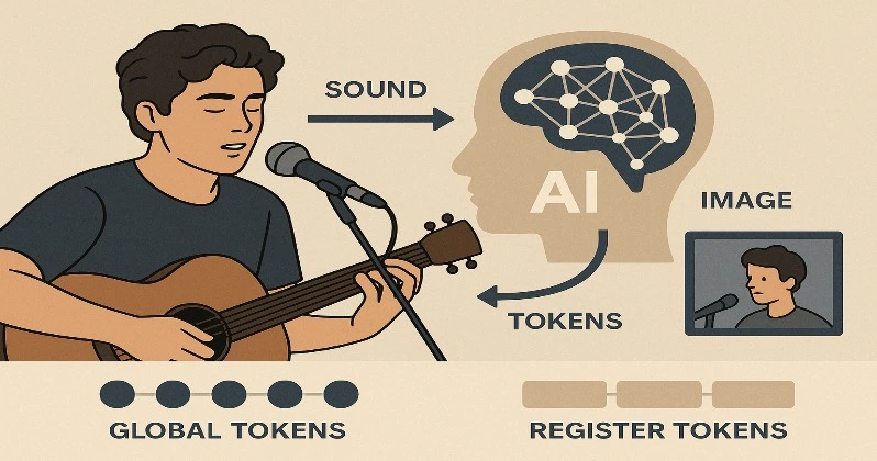 تصویری مفهومی از عملکرد هوش مصنوعی در تشخیص هم‌زمان صدا و تصویر خواننده با استفاده از توکن‌های Global و Register