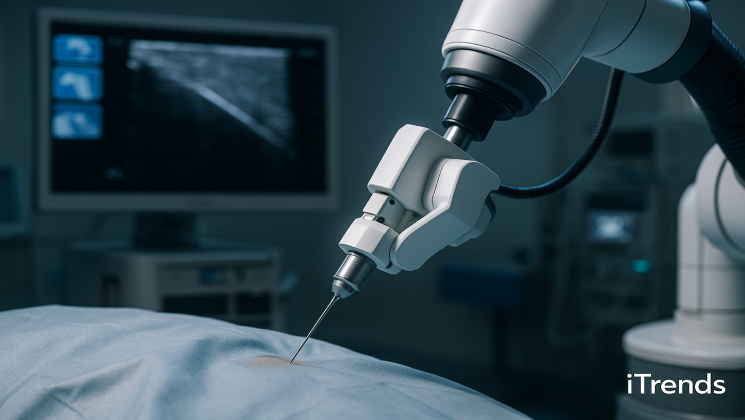 ربات هوشمند با هدایت AI در حال تزریق سوزن پزشکی
