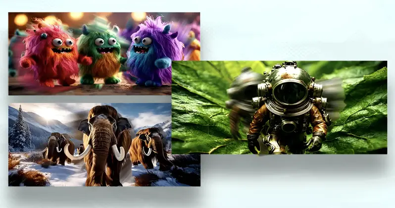 تصویری از سه ویدیوی تولیدشده با هوش مصنوعی CausVid؛ هیولاهای کارتونی رنگارنگ، ماموت‌ها در طبیعت برفی و غواص کوچکی روی برگ سبز