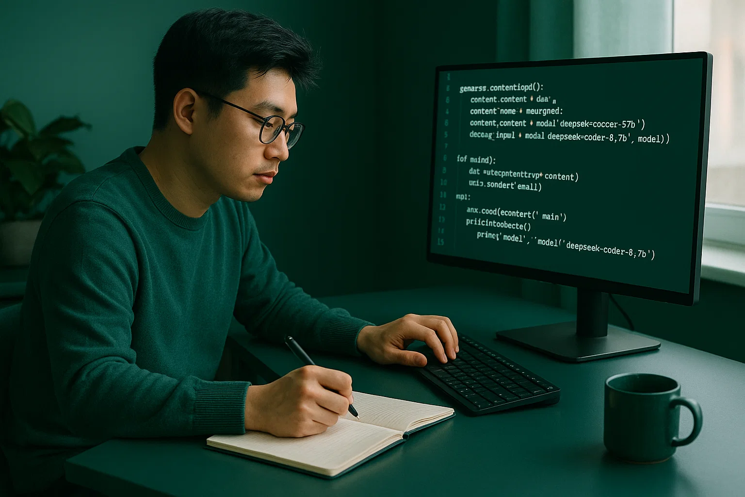 برنامه‌نویس در حال توسعه مدل DeepSeek Coder با نمایش کد روی مانیتور؛ محیط کاری آرام و تمرکزشده