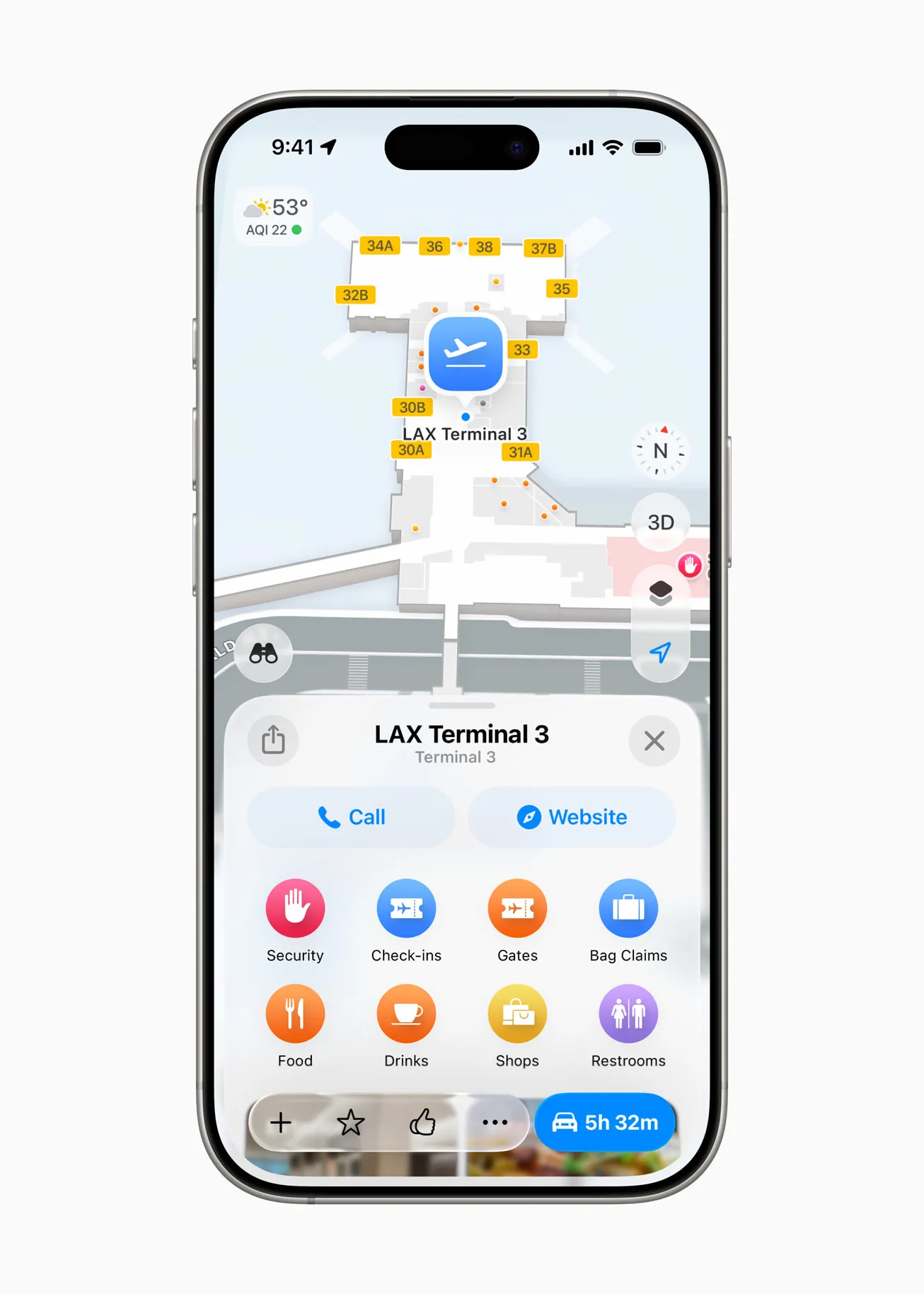 نمایی از نقشه داخلی فرودگاه در Apple Maps در iOS 26 با نمایش ترمینال، گیت‌ها و خدمات رفاهی مانند رستوران، چک‌این و فروشگاه‌ها
