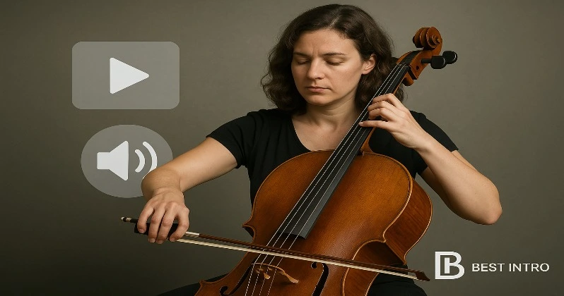 زنی در حال نواختن ویولنسل در کنار آیکون‌های صدا و تصویر، نمادی از تطبیق هوشمند صدا و تصویر توسط هوش مصنوعی
