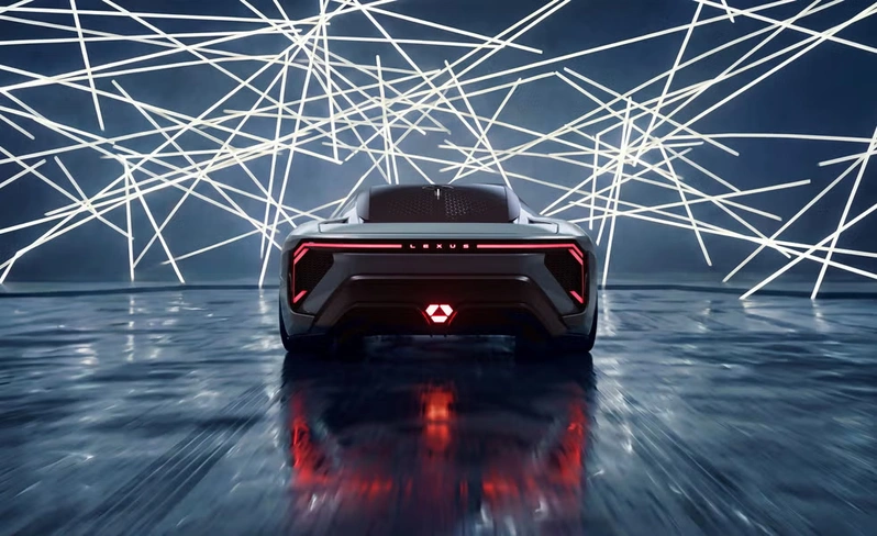 نمای عقب لکسوس LFA Concept با چراغ‌های پیوسته و نوشته LEXUS روی بدنه