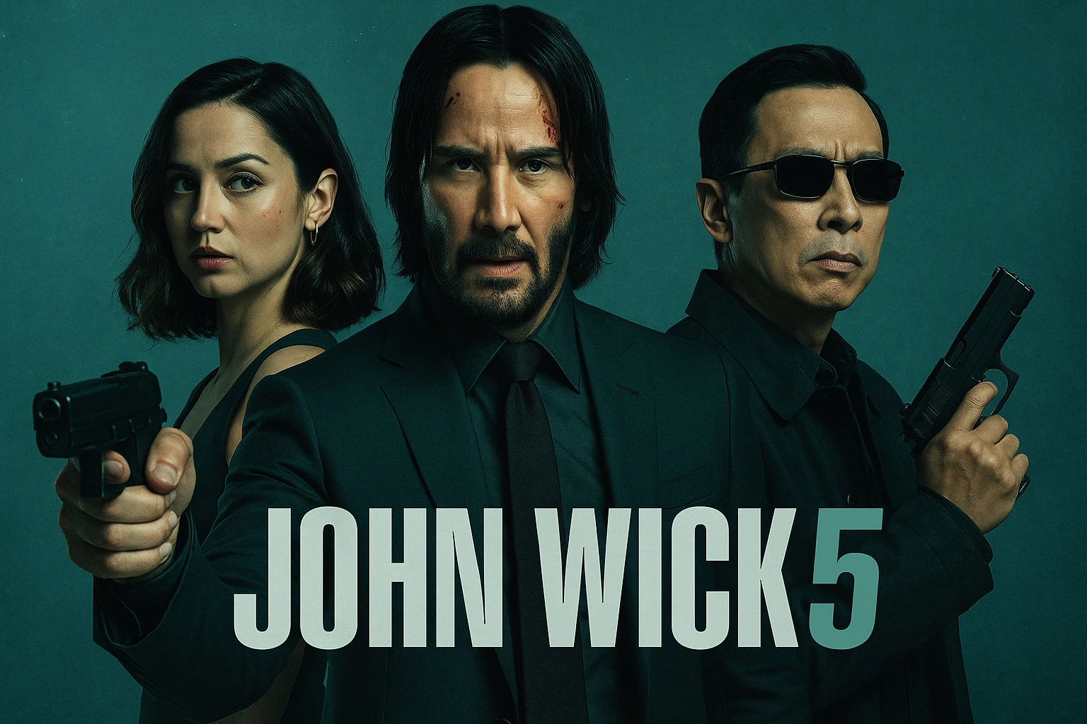 پوستر فیلم جان ویک ۵ با حضور کیانو ریوز در نقش جان ویک، آنا د آرماس در سمت چپ و دانی ین در سمت راست؛ هر سه مسلح و آماده مقابله