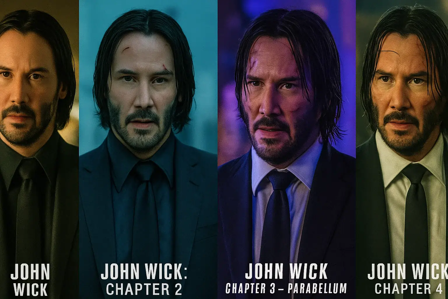 تصویری از چهار قسمت مجموعه فیلم جان ویک با بازی کیانو ریوز؛ از چپ به راست: John Wick، Chapter 2، Chapter 3 - Parabellum و Chapter 4