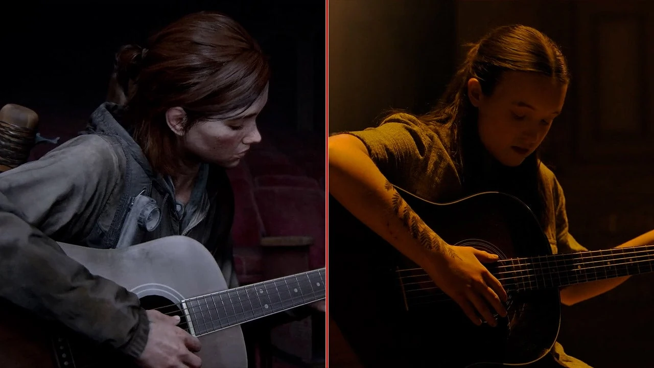 مقایسه‌ی الی در بازی و سریال The Last of Us هنگام نواختن گیتار؛ بازتابی از زخم‌های درونی او در قسمت پنجم فصل دوم