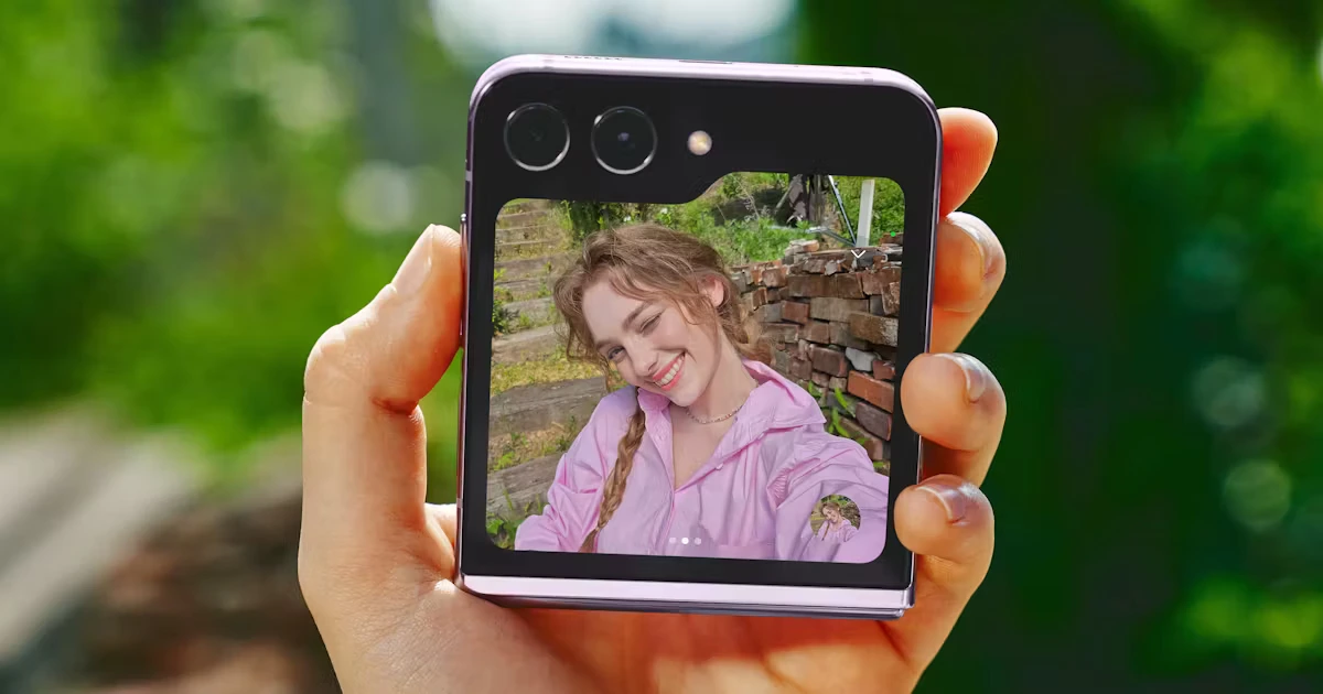 کاربر در حال گرفتن سلفی با دوربین اصلی و نمایشگر بیرونی ۴ اینچی Galaxy Z Flip7
