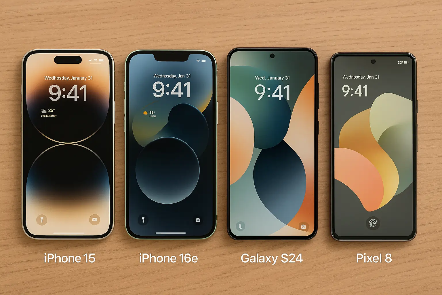 مقایسه قیمت آیفون 16e، آیفون 16 و آیفون 16 پرو — از چپ به راست: مدل اقتصادی 16e با قیمت ۵۹۹ دلار، مدل استاندارد با قیمت ۷۹۹ دلار و مدل حرفه‌ای Pro با قیمت ۹۹۹ دلار