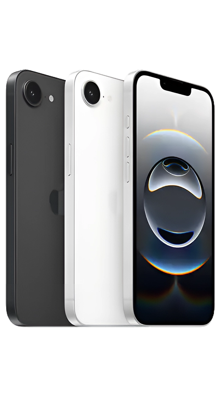 آیفون 16e در دو رنگ سفید مات و مشکی مات؛ نمایش طراحی جلو و پشت گوشی با فریم تخت آلومینیومی