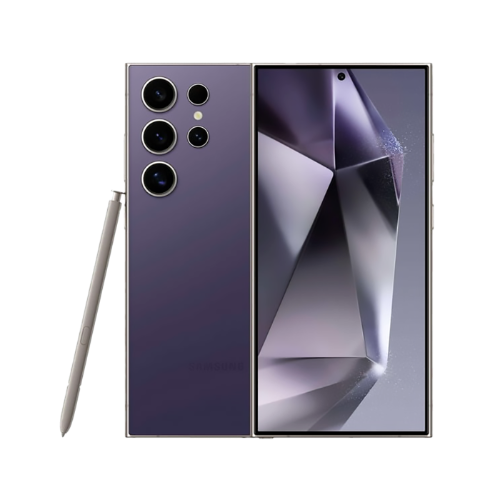 تصویر نمای جلویی و پشتی Galaxy S24 Ultra سامسونگ با قلم S Pen و طراحی تیتانیومی