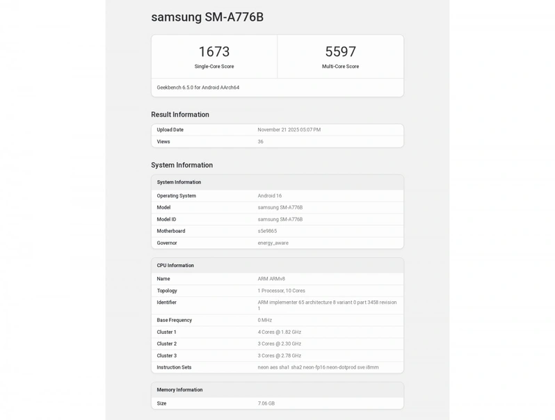 صفحه نتایج بنچ‌مارک Galaxy A77 در Geekbench با امتیازات 1673 و 5597