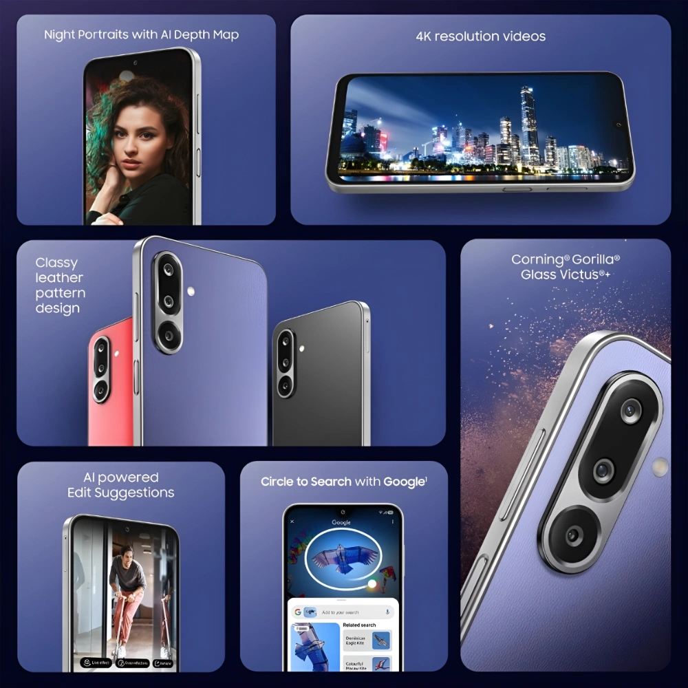 طراحی چرمی گلکسی F36 با دوربین سه‌گانه، محافظ گوریلا گلس Victus+، و قابلیت‌های هوش مصنوعی مانند جستجوی دایره‌ای و پرتره شب