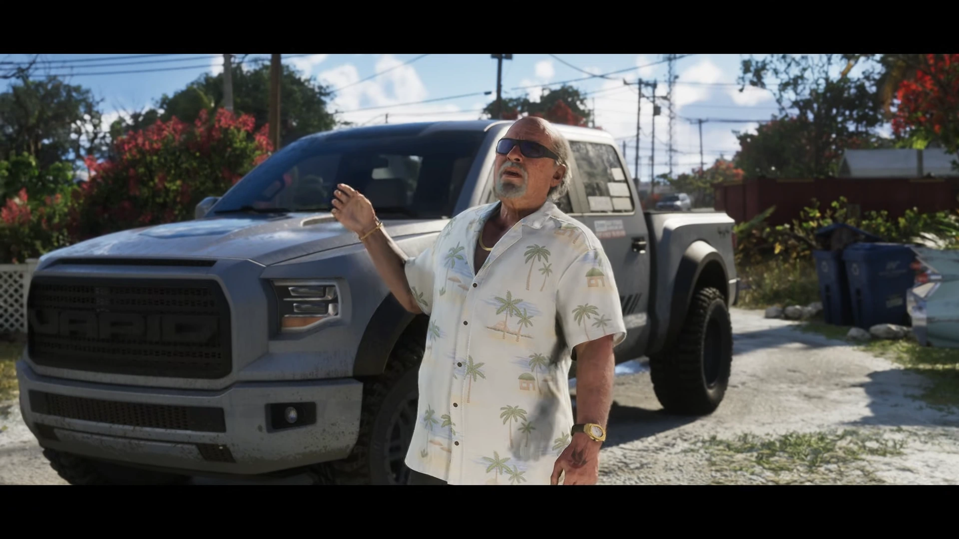 برایان هدر، قاچاقچی کهنه‌کار در تریلر GTA VI، با پیراهن هاوایی و عینک آفتابی در کنار وانت شخصی‌اش