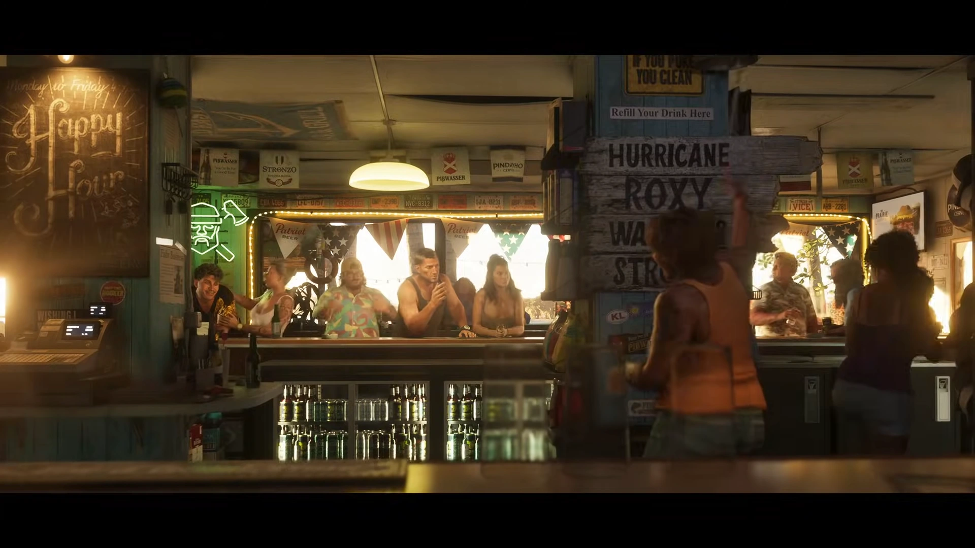 تابلوی 'Hurricane Roxy' در بار محلی GTA VI که اشاره‌ای به شخصیت راکسی از گروه دخترانه Real Dimez دارد