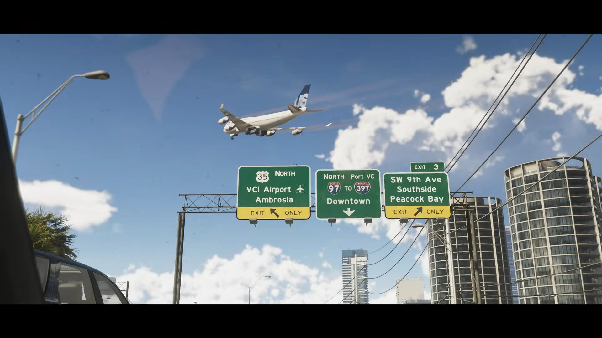نمایی از تابلوهای راهنمایی شهری در GTA VI با نام مناطق Ambrosia، Downtown و Southside؛ همراه با عبور هواپیما بر فراز آسمان Vice City و برج‌های مدرن