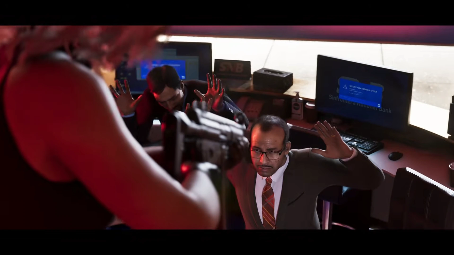 لوسیا با ماسک و اسلحه در حال تهدید کارمندان بانک Sinfrontera در GTA VI – نمایی پرتنش از مأموریت سرقت مسلحانه