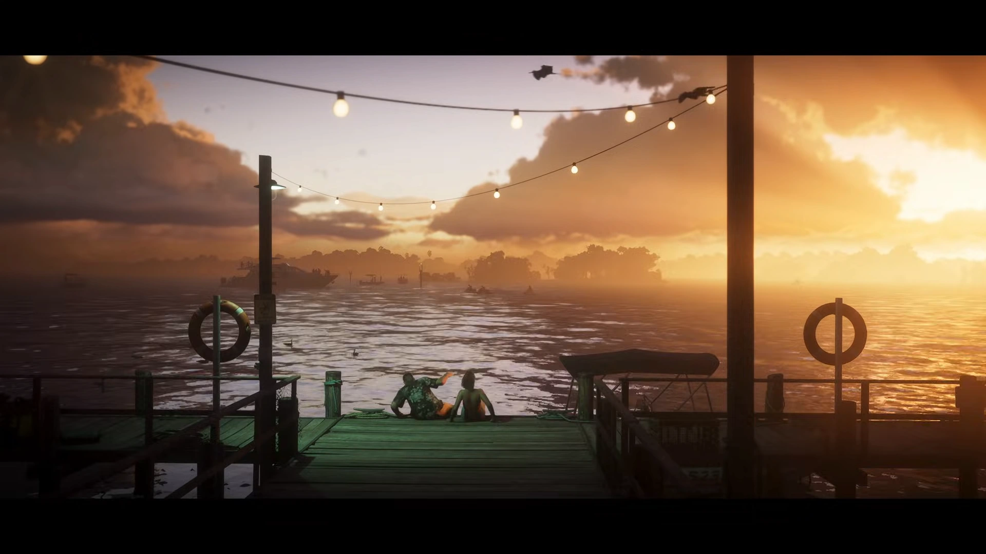 جیسون و لوسیا در حال نشستن کنار یکدیگر روی اسکله در غروب آفتاب – صحنه‌ای احساسی از تریلر دوم GTA VI که پیوند عاطفی آن‌ها را به تصویر می‌کشد