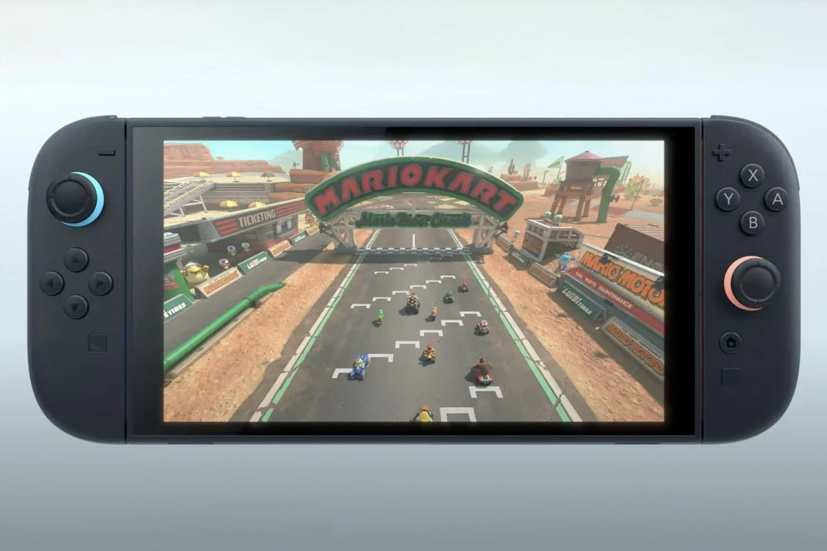 نمایی از نمایشگر Nintendo Switch 2 در حال اجرای بازی Mario Kart World