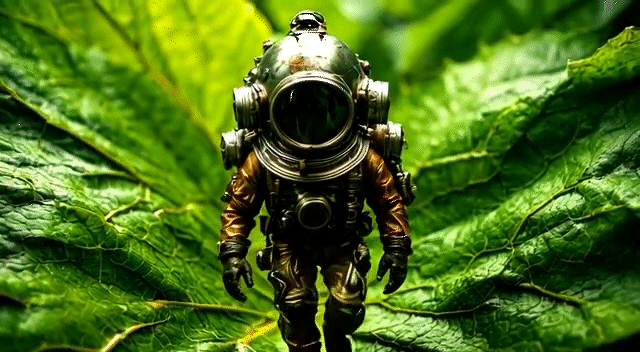 یک فضانورد در لباس سنگین در حال قدم‌زدن روی برگ‌های سبز بزرگ است.