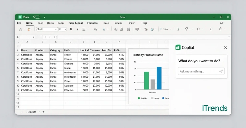محیط اکسل با داده‌ها و نمودار در کنار پنل Copilot Pro 2025 و برند ITrends