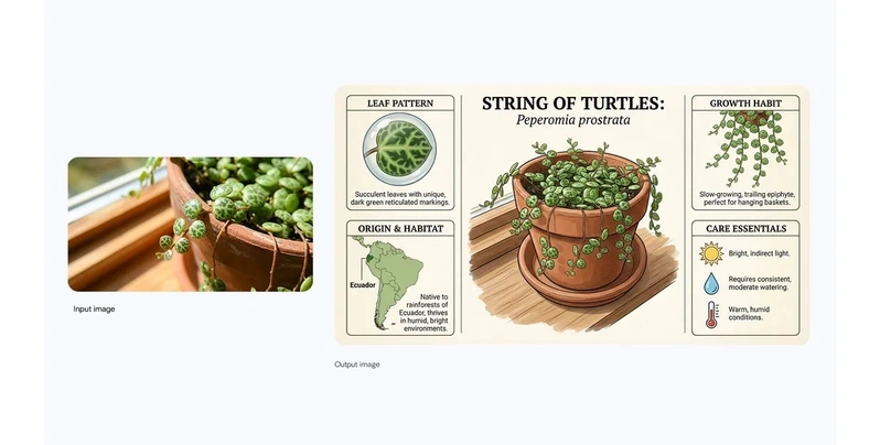 نمونه تبدیل تصویر ورودی به اینفوگرافیک کامل توسط Nano Banana Pro شامل توضیحات گیاه String of Turtles