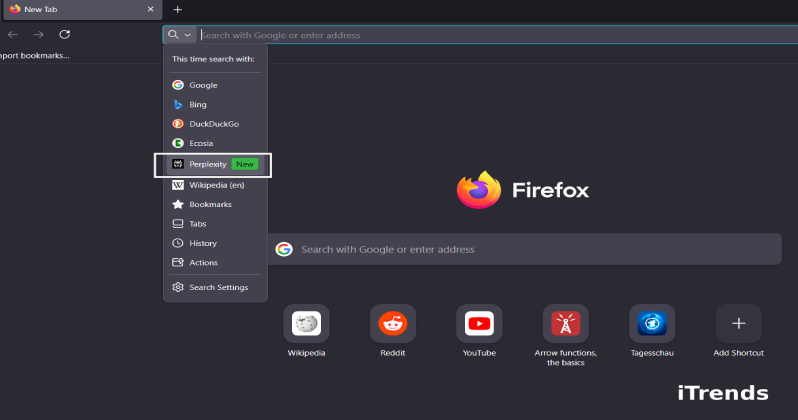 نمایی از جست‌وجوی Perplexity در مرورگر فایرفاکس