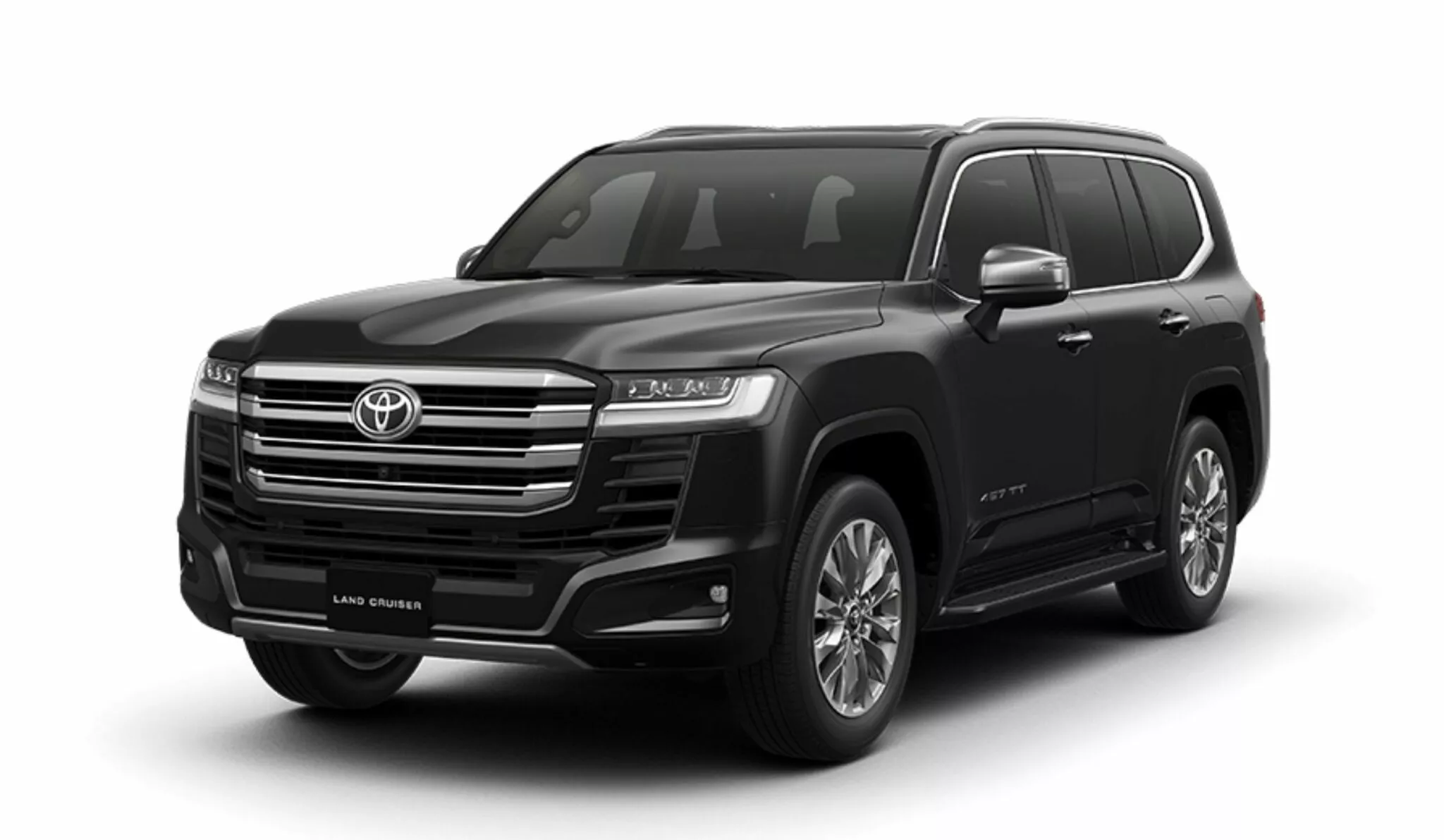 نمای سه‌چهارم جلو از تویوتا لندکروزر ۳۰۰ هیبرید ۲۰۲۶ در رنگ مشکی