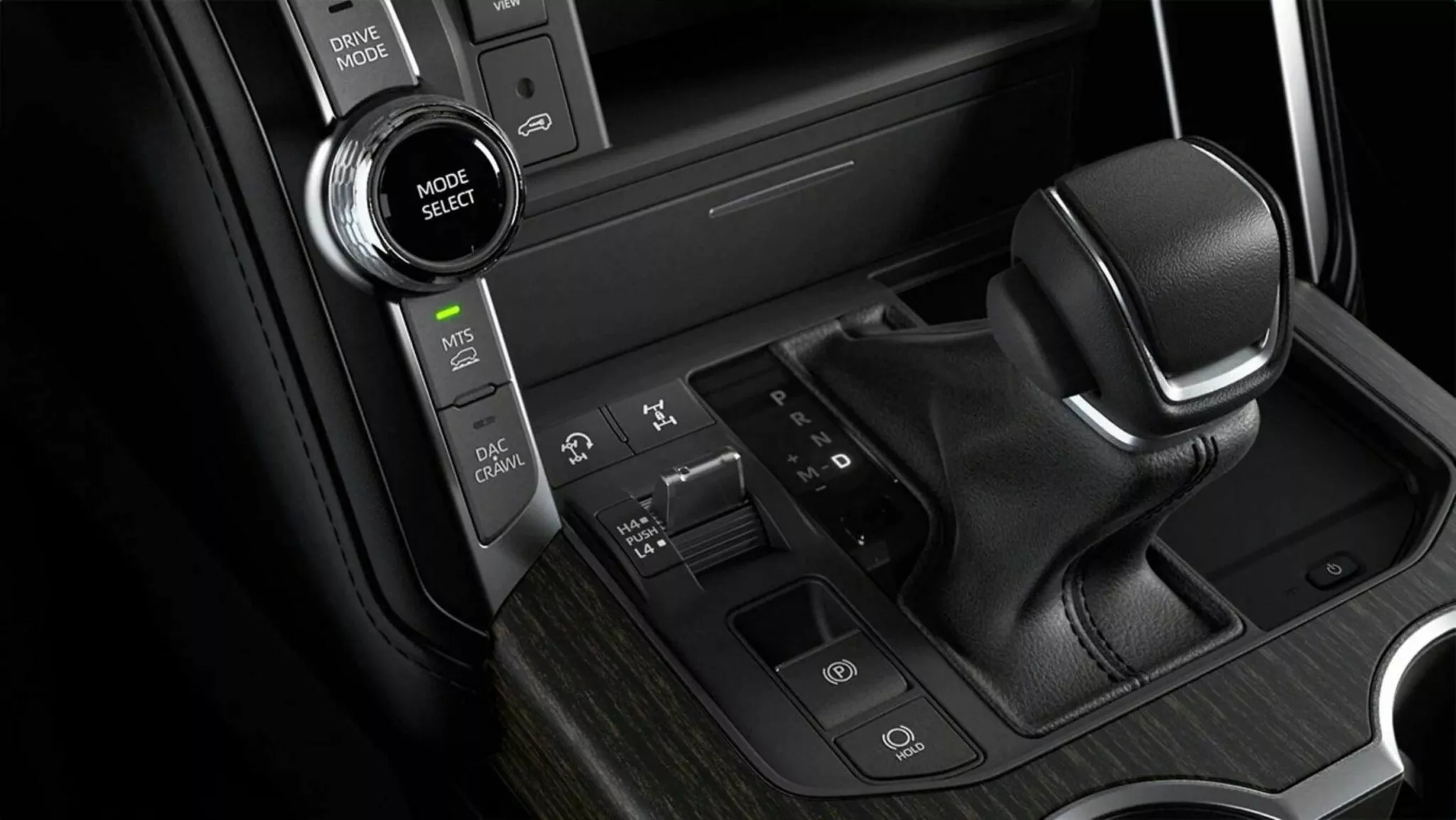 نمایی نزدیک از کنسول مرکزی تویوتا لندکروزر ۳۰۰ هیبرید مدل ۲۰۲۶ شامل کلیدهای کنترل آفرود، Crawl Control و حالت‌های رانندگی