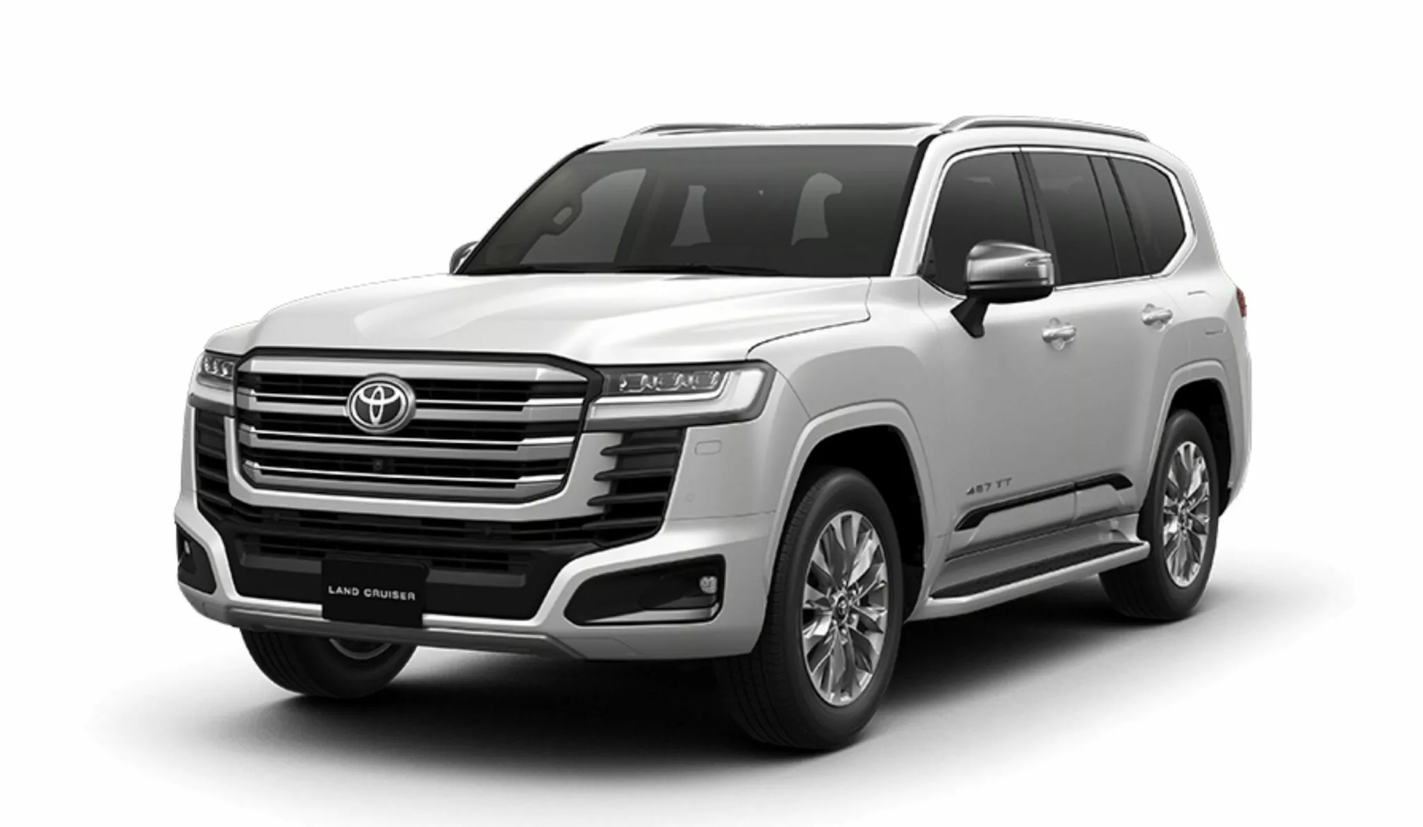 نمای سه‌چهارم جلو از تویوتا لندکروزر ۳۰۰ هیبرید ۲۰۲۶ در رنگ سفید