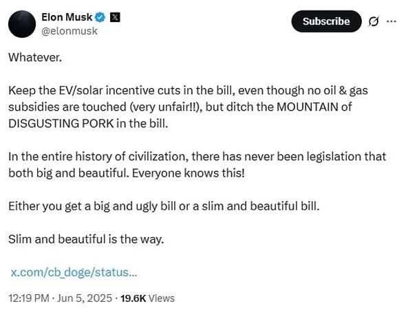 توییت انتقادی ایلان ماسک در تاریخ ۵ ژوئن ۲۰۲۵ درباره لایحه مالیاتی ترامپ و یارانه‌های انرژی