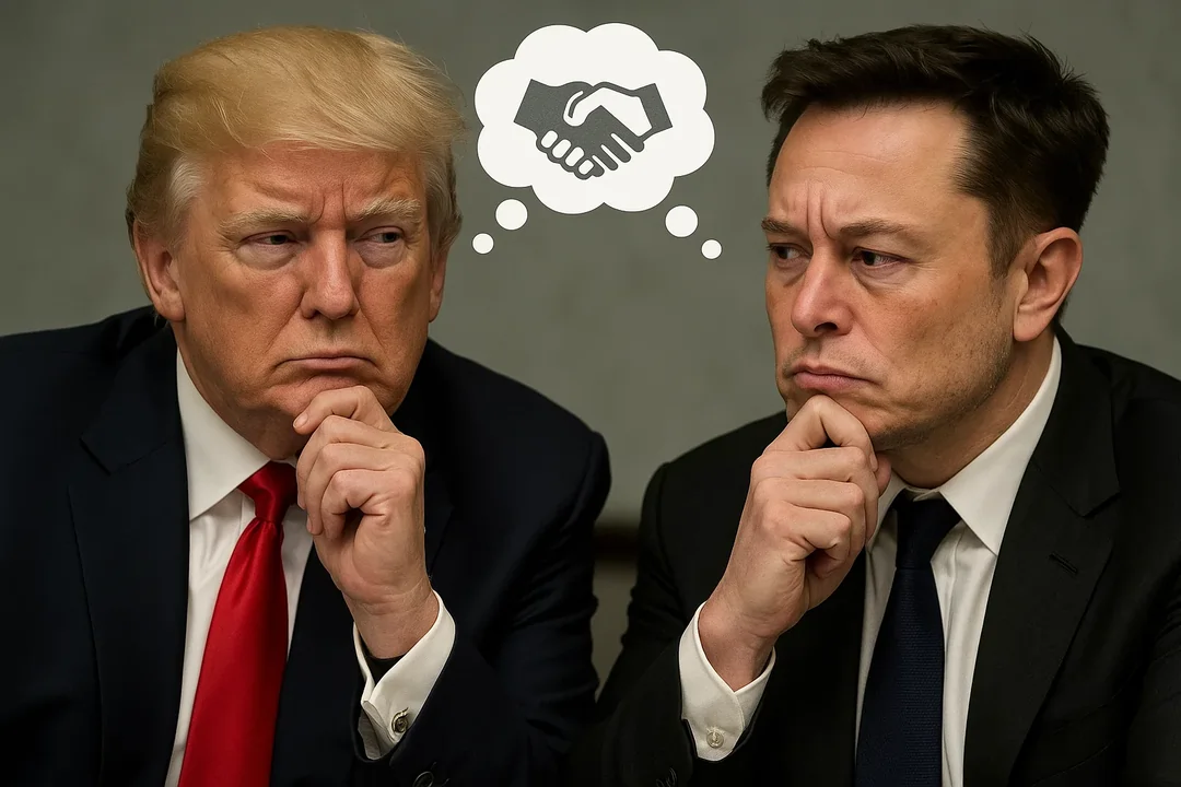 تصویر نمادین از دونالد ترامپ و ایلان ماسک در حال تفکر با نماد دست دادن؛ نمایشگر احتمال آشتی یا تداوم اختلاف