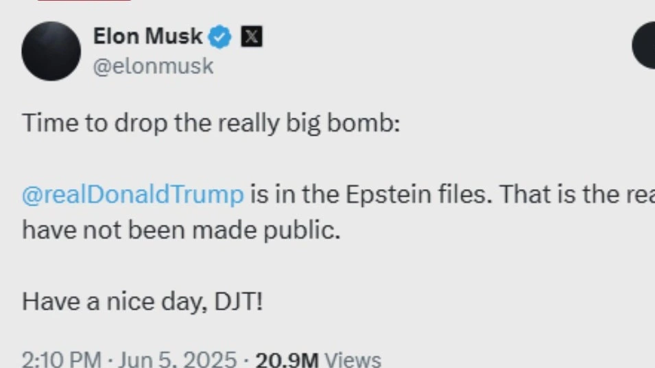 توییت جنجالی ایلان ماسک در تاریخ ۵ ژوئن ۲۰۲۵ که در آن ادعا می‌کند دونالد ترامپ در اسناد اپستین حضور دارد